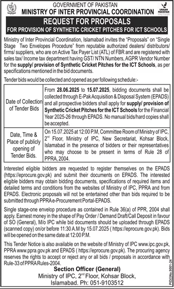 Ministry of Inter Provincial Coordination Islamabad Tender Notice